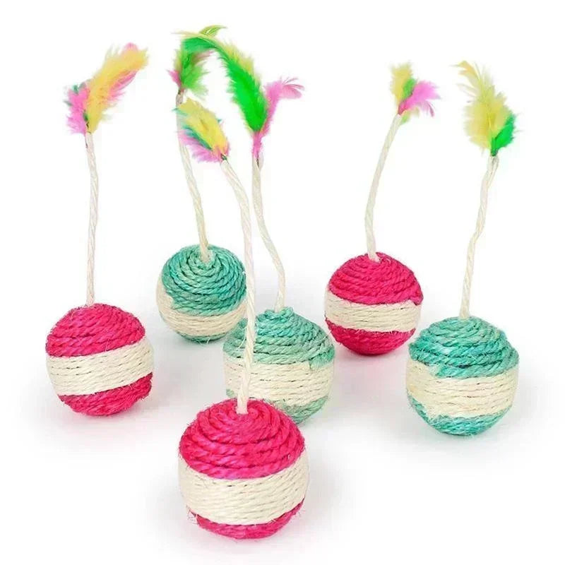 Interactive Sisal Cat Scratching Ball – Feather Toy