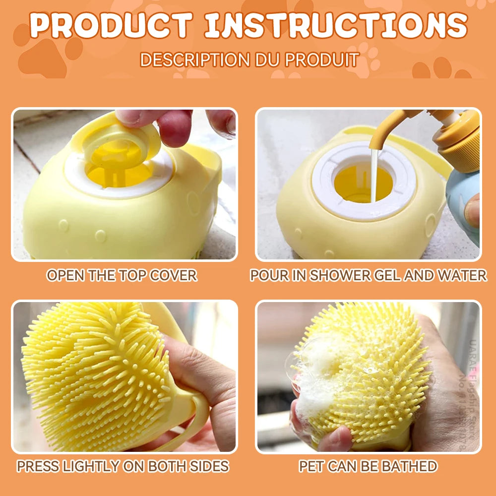 Pet Bathing Massage Brush – Silicone Shampoo Dispenser