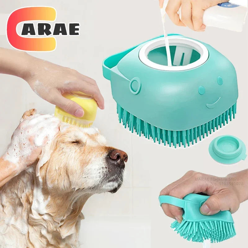 Pet Bathing Massage Brush – Silicone Shampoo Dispenser